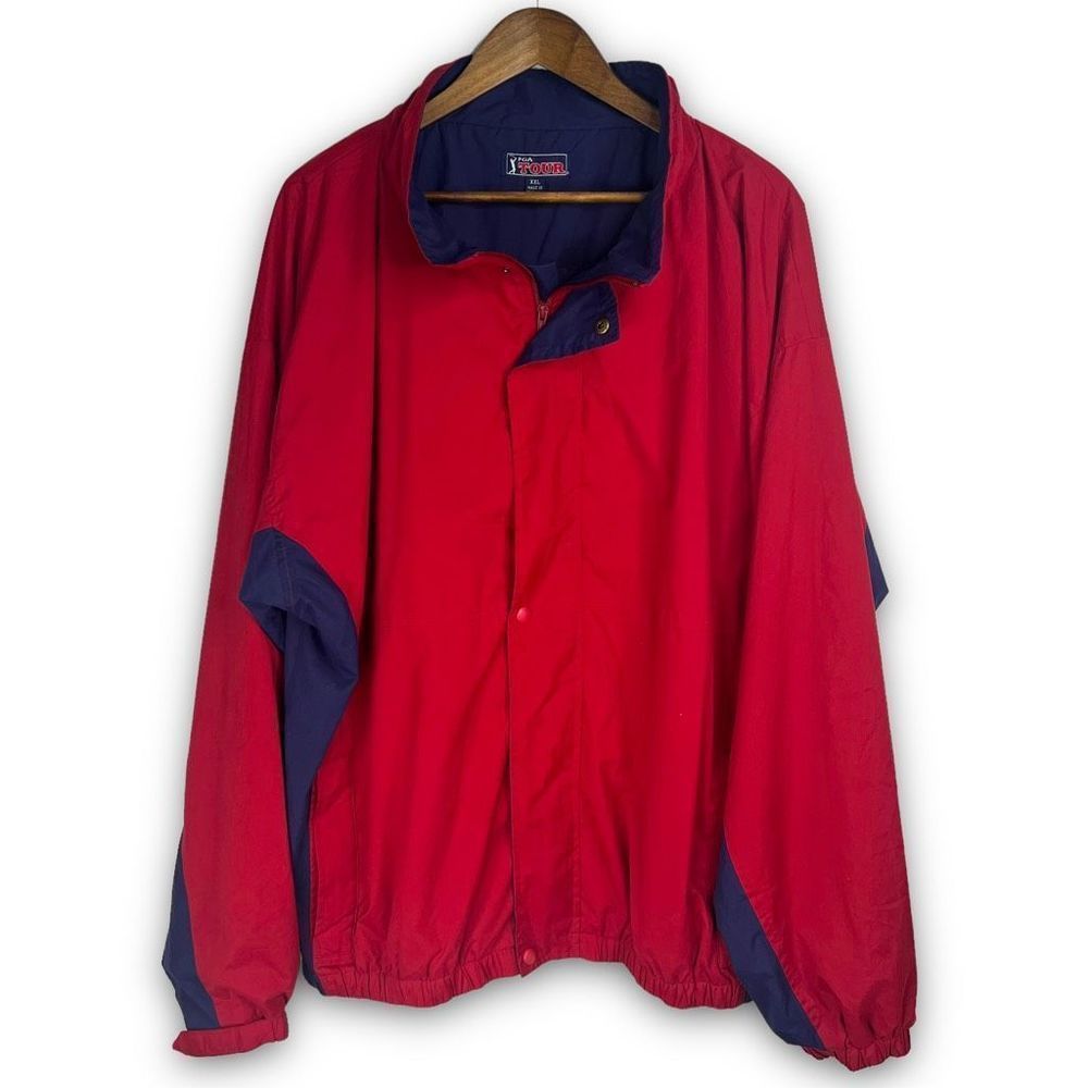 PGA Tour‎ Red Navy Colorblock Full Zip Windbreaker Golf Jacket Size XXL